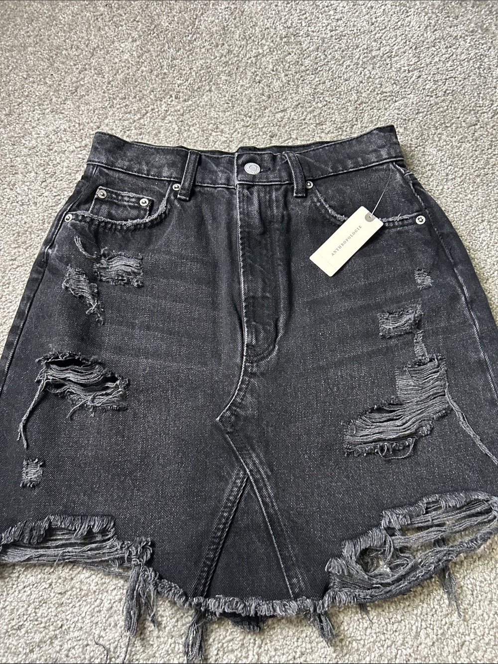 Pilcro Anthropologie Black Distressed Denim Midi Skirt